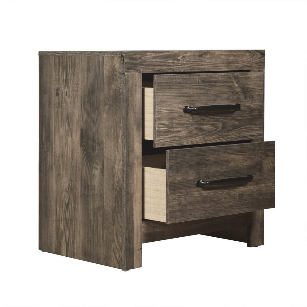 Benjara Ent 24 Inch Nightstand, 2 Drawers with Black Handles, Greige Brown Finish