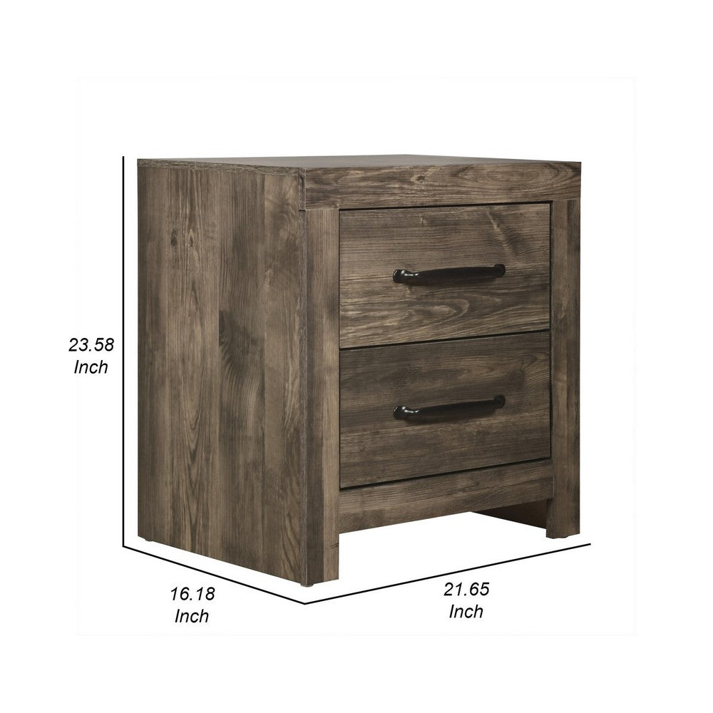Benjara Ent 24 Inch Nightstand, 2 Drawers with Black Handles, Greige Brown Finish