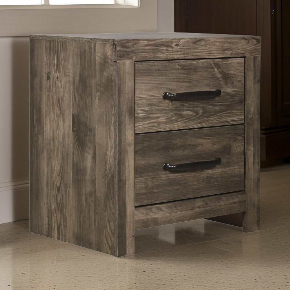 Benjara Ent 24 Inch Nightstand, 2 Drawers with Black Handles, Greige Brown Finish