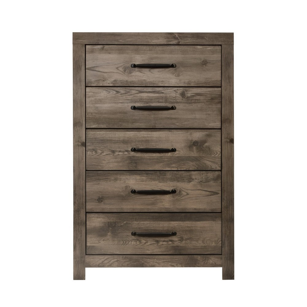Benjara Ent 49 Inch Tall Dresser Chest, 5 Drawers with Black Handles, Greige Brown