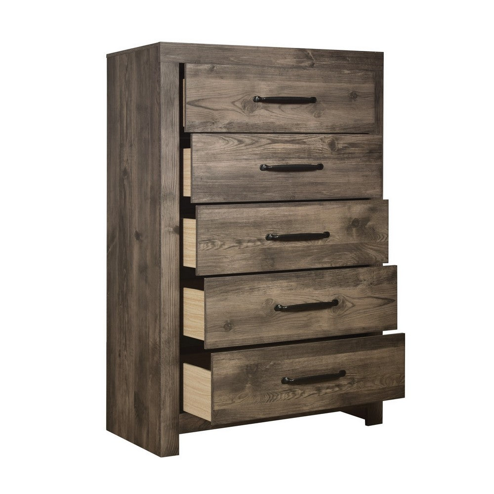 Benjara Ent 49 Inch Tall Dresser Chest, 5 Drawers with Black Handles, Greige Brown