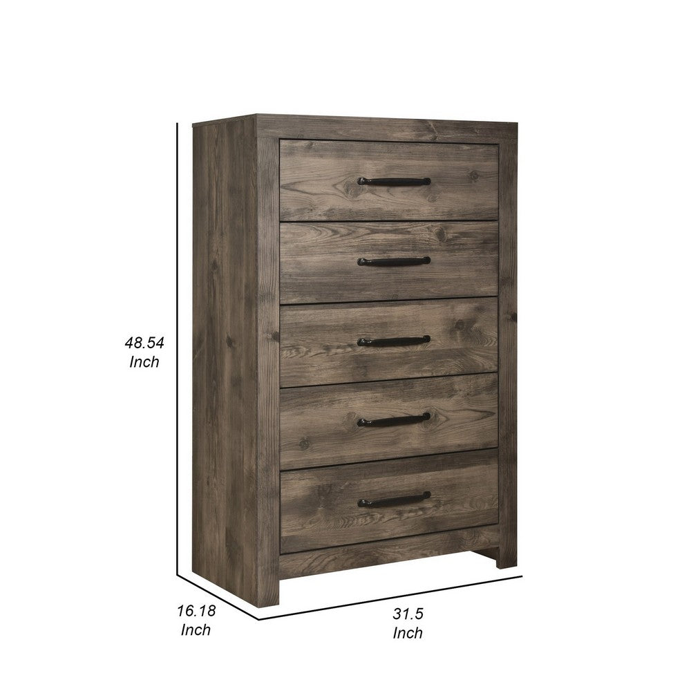 Benjara Ent 49 Inch Tall Dresser Chest, 5 Drawers with Black Handles, Greige Brown