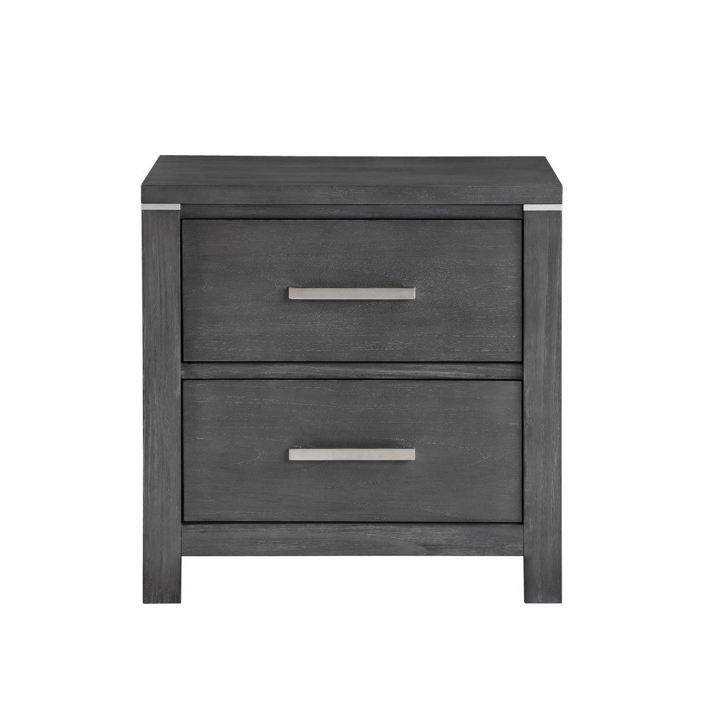 Benjara Tal 27 Inch Nightstand, 2 Drawers with Chrome Handles, Charcoal Gray Finish