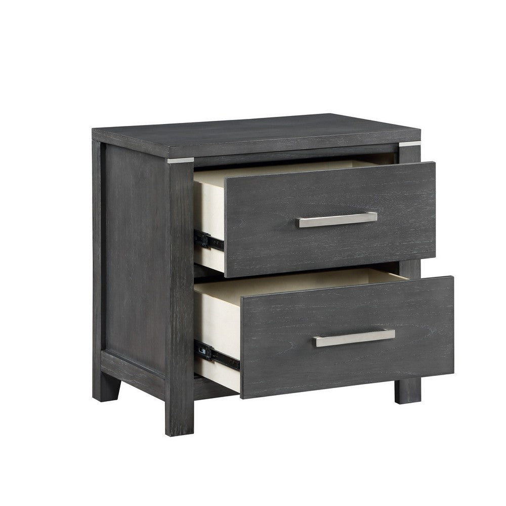 Benjara Tal 27 Inch Nightstand, 2 Drawers with Chrome Handles, Charcoal Gray Finish