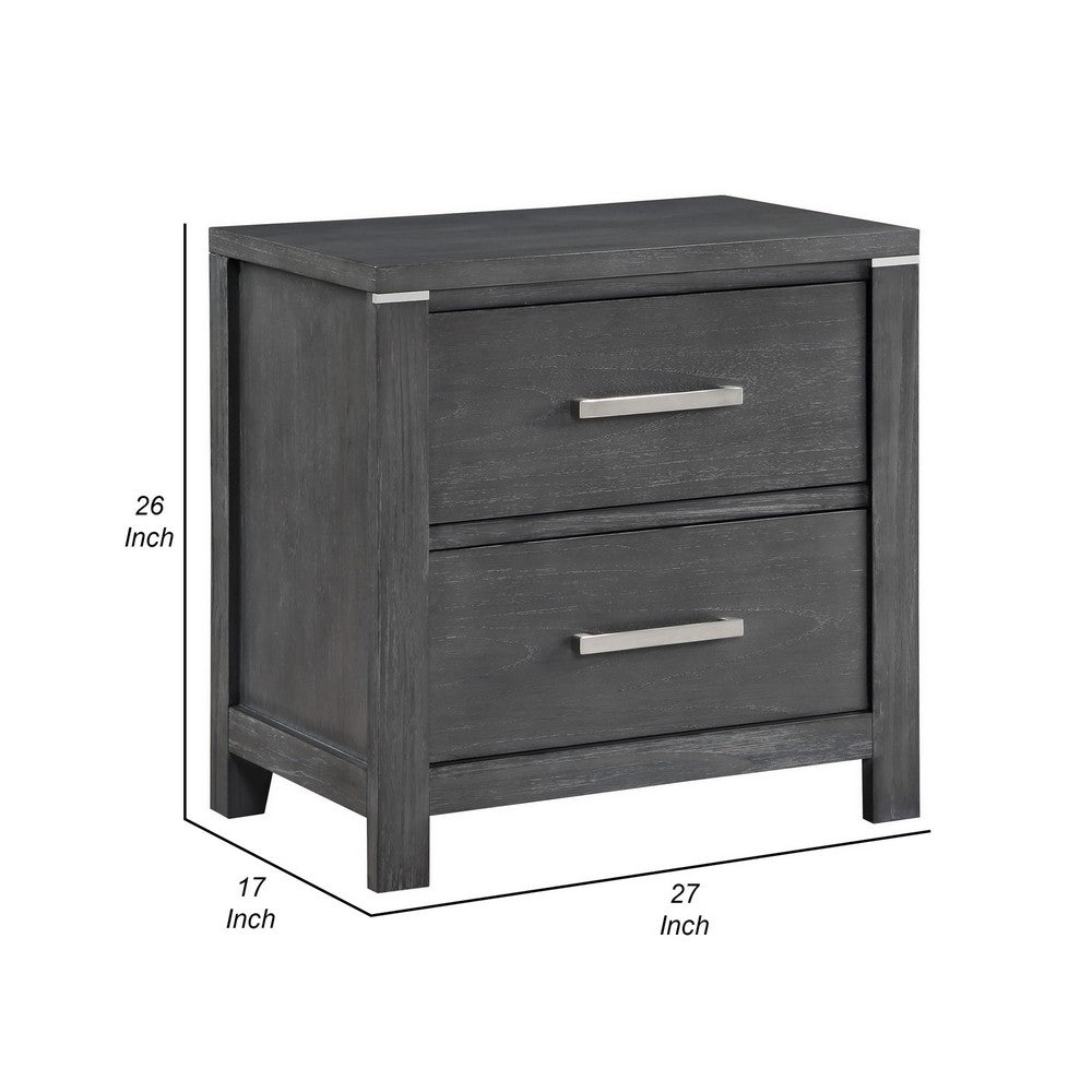 Benjara Tal 27 Inch Nightstand, 2 Drawers with Chrome Handles, Charcoal Gray Finish