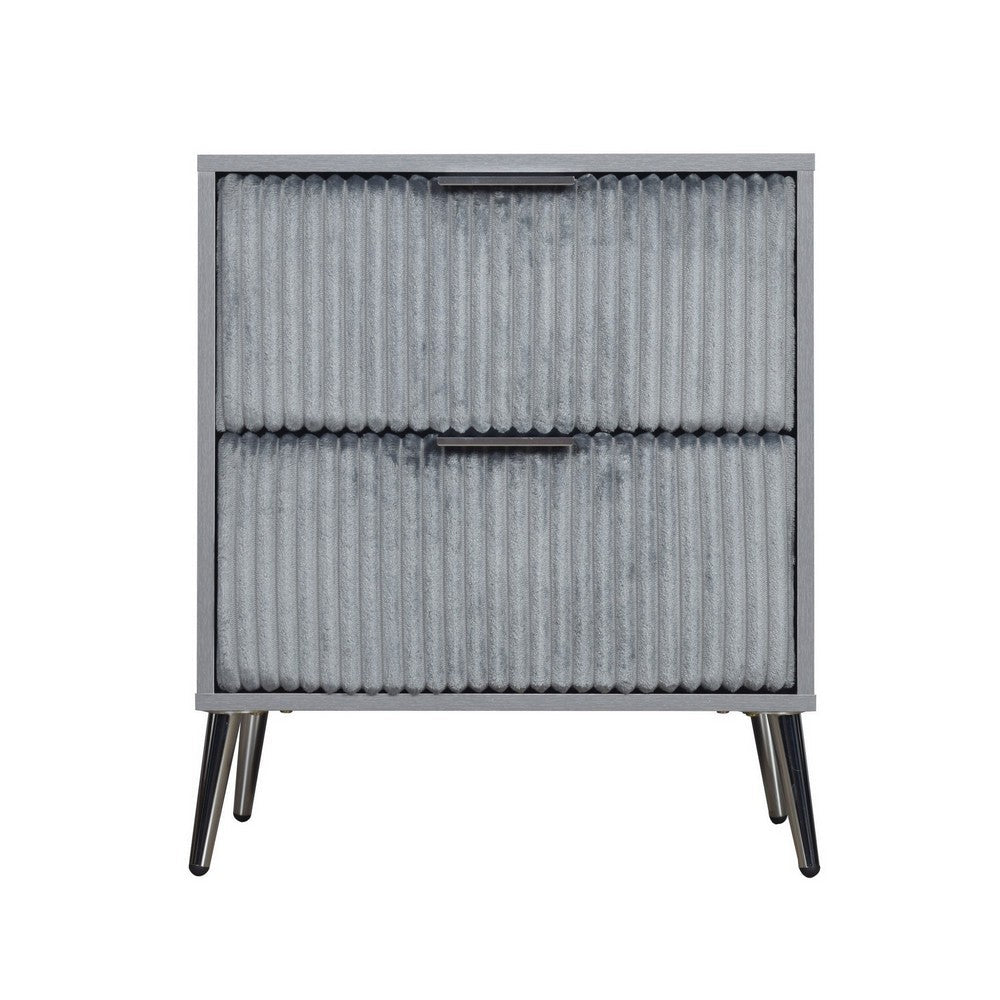 Benjara Moko 26 Inch Nightstand, 2 Ribbed Soft Upholstered Drawers, Smooth Gray