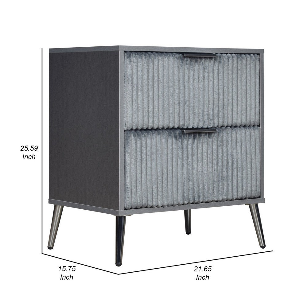 Benjara Moko 26 Inch Nightstand, 2 Ribbed Soft Upholstered Drawers, Smooth Gray