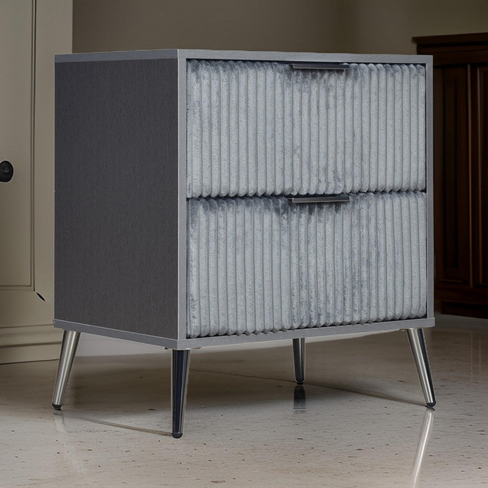 Benjara Moko 26 Inch Nightstand, 2 Ribbed Soft Upholstered Drawers, Smooth Gray