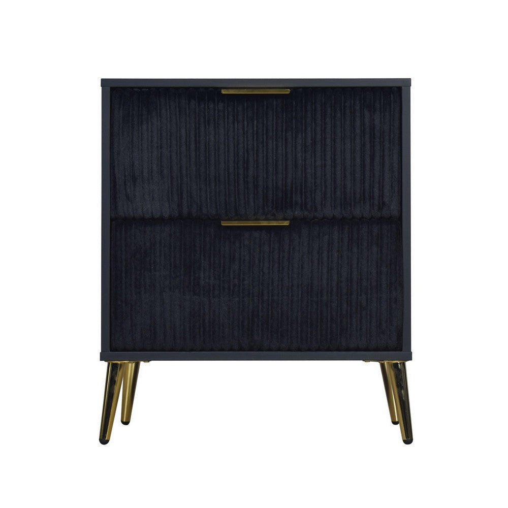 Benjara Moko 26 Inch Nightstand, 2 Ribbed Soft Upholstered Drawers, Black, Gold