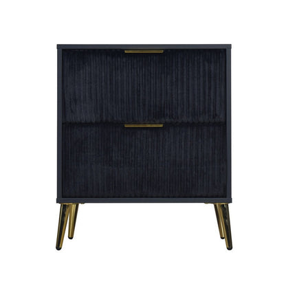 Benjara Moko 26 Inch Nightstand, 2 Ribbed Soft Upholstered Drawers, Black, Gold