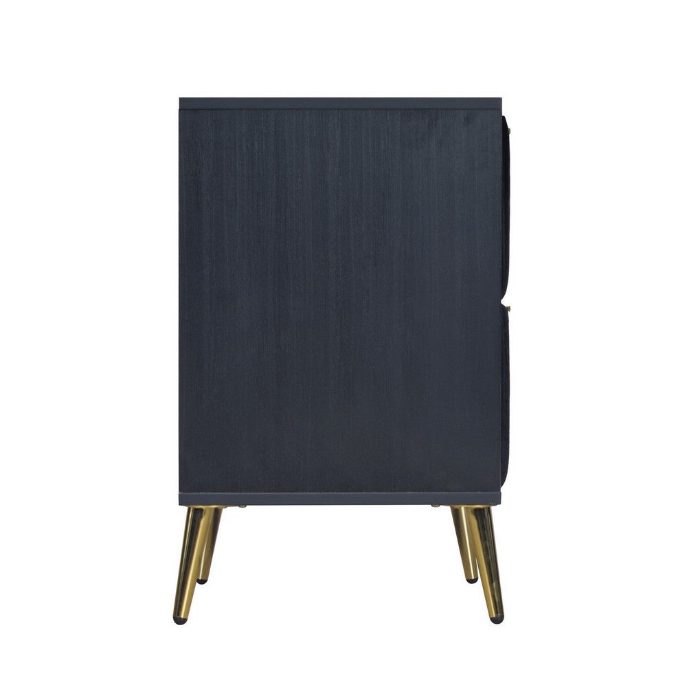 Benjara Moko 26 Inch Nightstand, 2 Ribbed Soft Upholstered Drawers, Black, Gold
