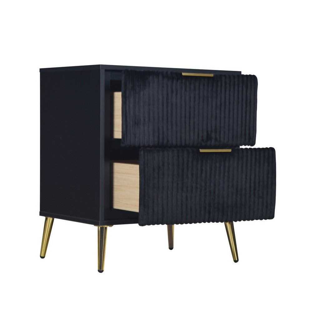 Benjara Moko 26 Inch Nightstand, 2 Ribbed Soft Upholstered Drawers, Black, Gold