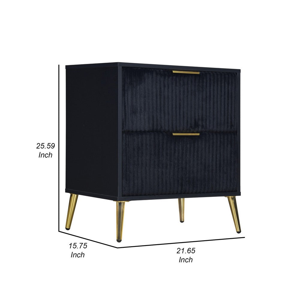 Benjara Moko 26 Inch Nightstand, 2 Ribbed Soft Upholstered Drawers, Black, Gold