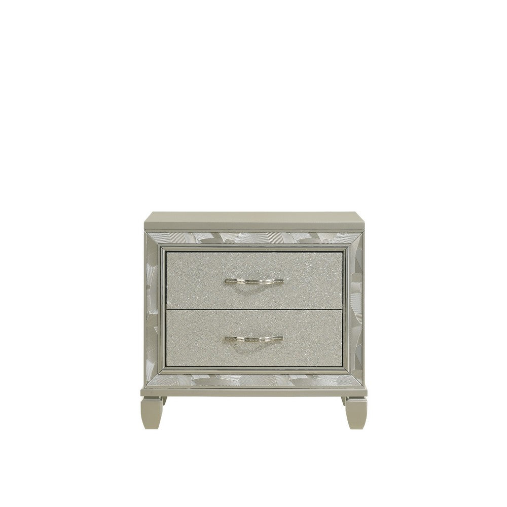 Benjara Bet 28 Inch Nightstand, 2 Rhinestone Inlaid Drawers, Chrome Handles, Silver