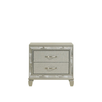 Benjara Bet 28 Inch Nightstand, 2 Rhinestone Inlaid Drawers, Chrome Handles, Silver