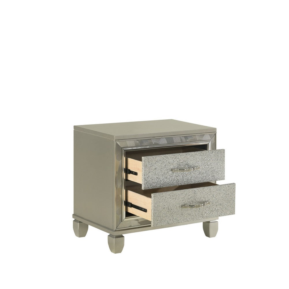 Benjara Bet 28 Inch Nightstand, 2 Rhinestone Inlaid Drawers, Chrome Handles, Silver