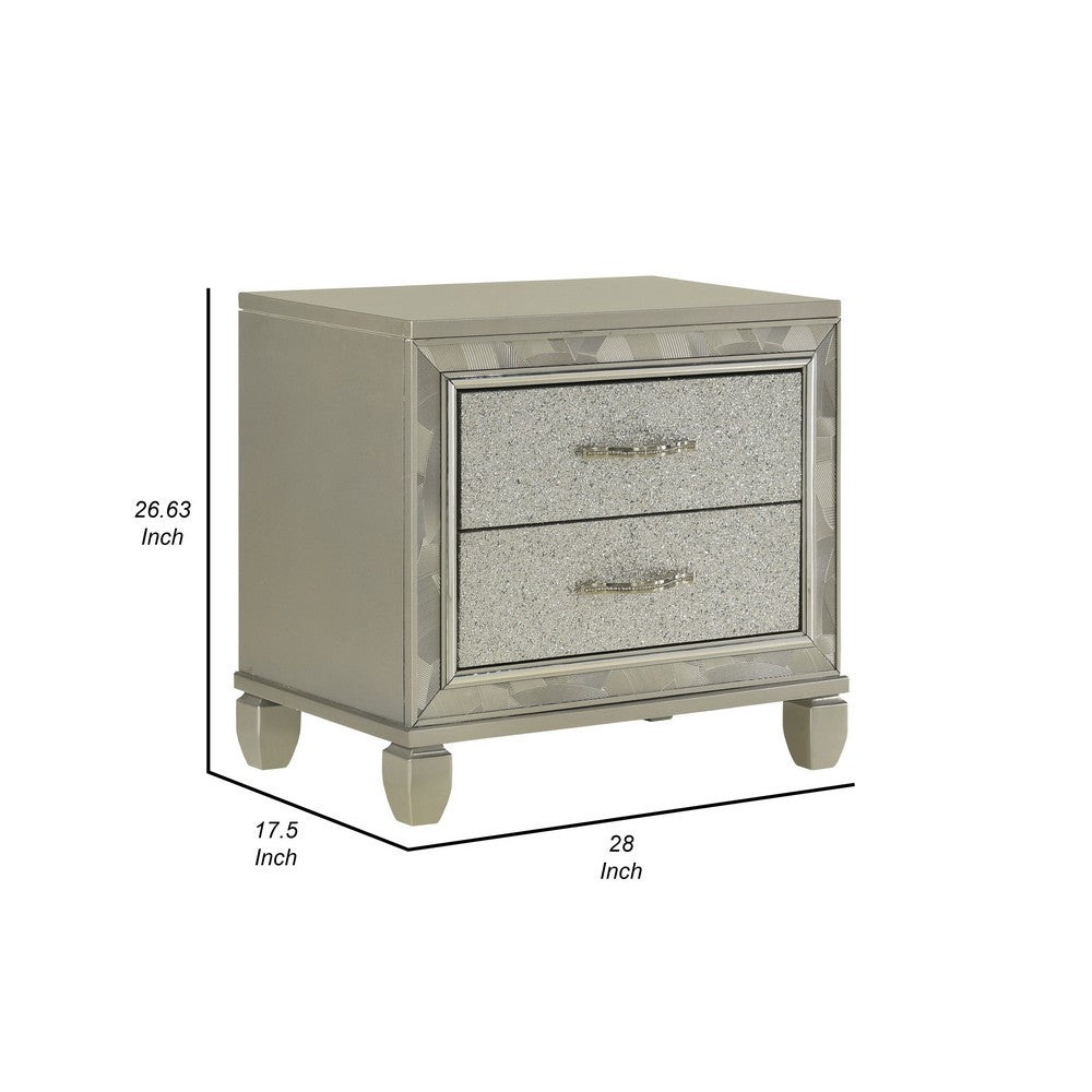 Benjara Bet 28 Inch Nightstand, 2 Rhinestone Inlaid Drawers, Chrome Handles, Silver