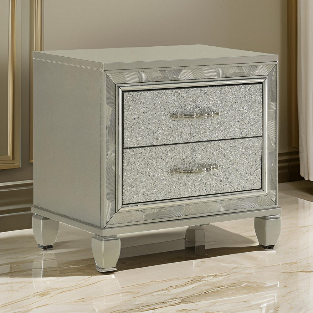 Benjara Bet 28 Inch Nightstand, 2 Rhinestone Inlaid Drawers, Chrome Handles, Silver