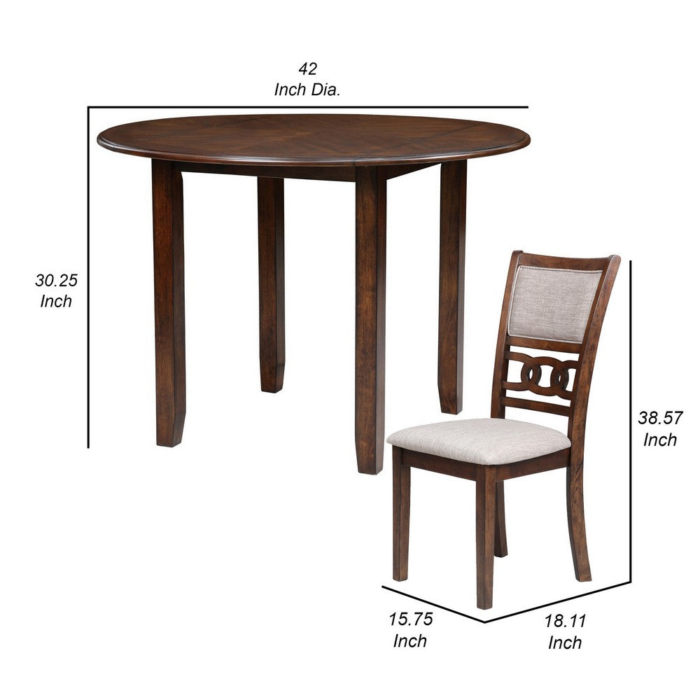 Benjara 3pc 42 Inch Dining Table Set, Extendable Drop Leaves, 2 Chairs, Brown