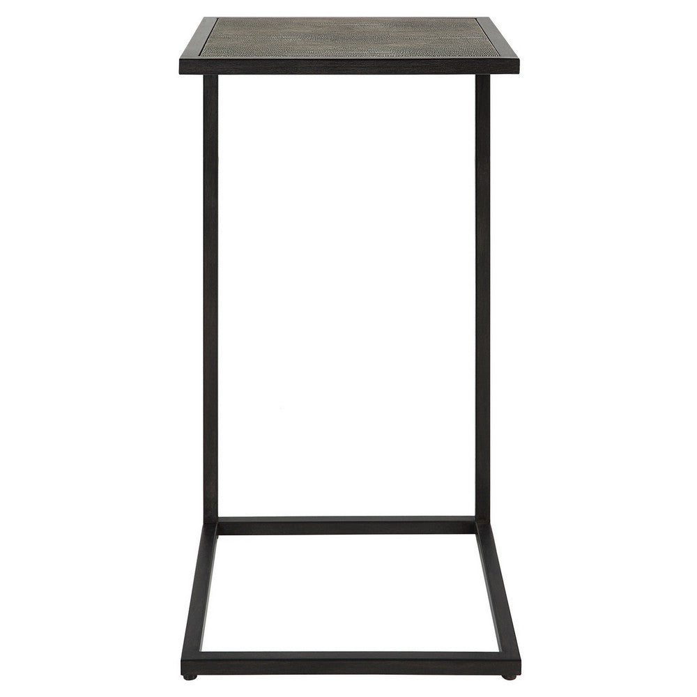 Benjara 24 Inch Accent Table, Open C Shape, Gray Shagreen Top, Antique Black