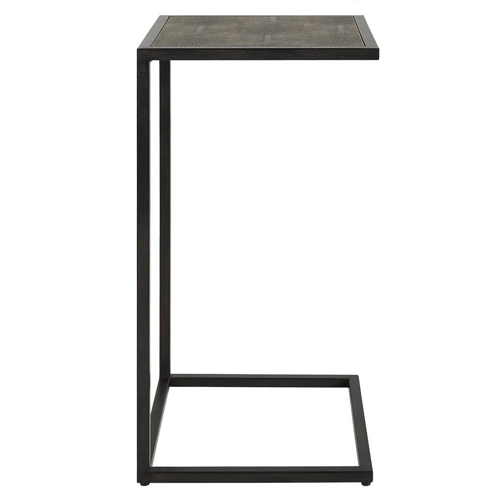 Benjara 24 Inch Accent Table, Open C Shape, Gray Shagreen Top, Antique Black