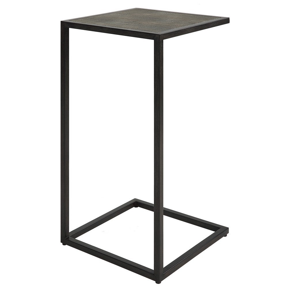 Benjara 24 Inch Accent Table, Open C Shape, Gray Shagreen Top, Antique Black