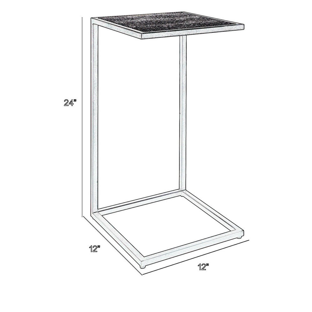 Benjara 24 Inch Accent Table, Open C Shape, Gray Shagreen Top, Antique Black