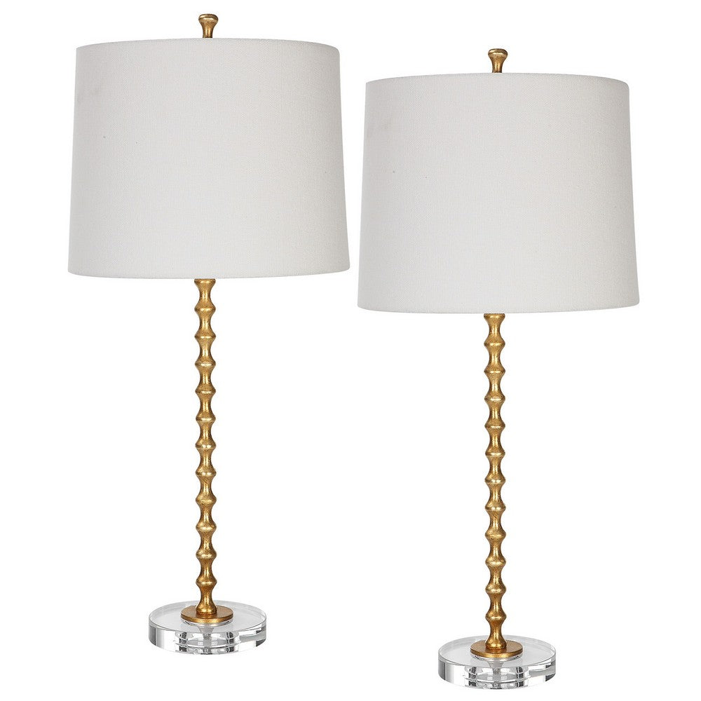 Benjara 29 Inch Table Lamp, Set of 2, White Tapered Shade, Gold Leaf, Round Base