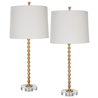 Benjara 29 Inch Table Lamp, Set of 2, White Tapered Shade, Gold Leaf, Round Base