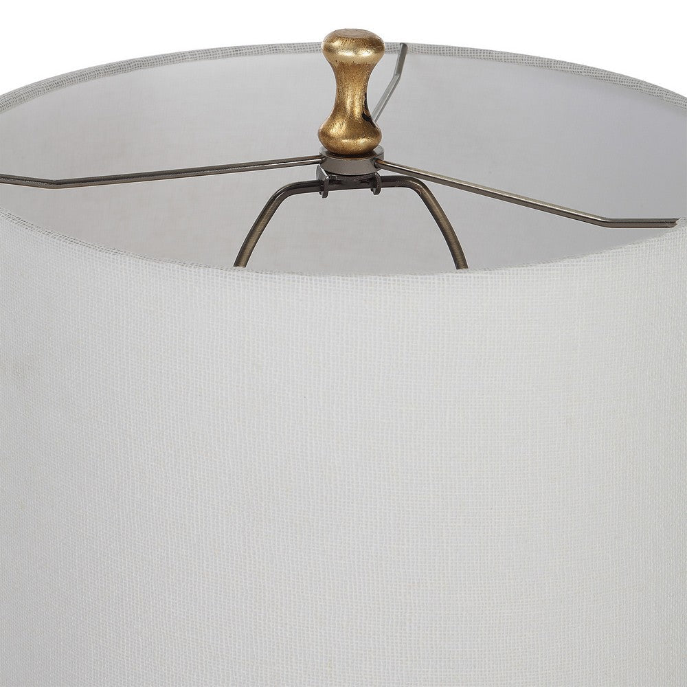 Benjara 29 Inch Table Lamp, Set of 2, White Tapered Shade, Gold Leaf, Round Base