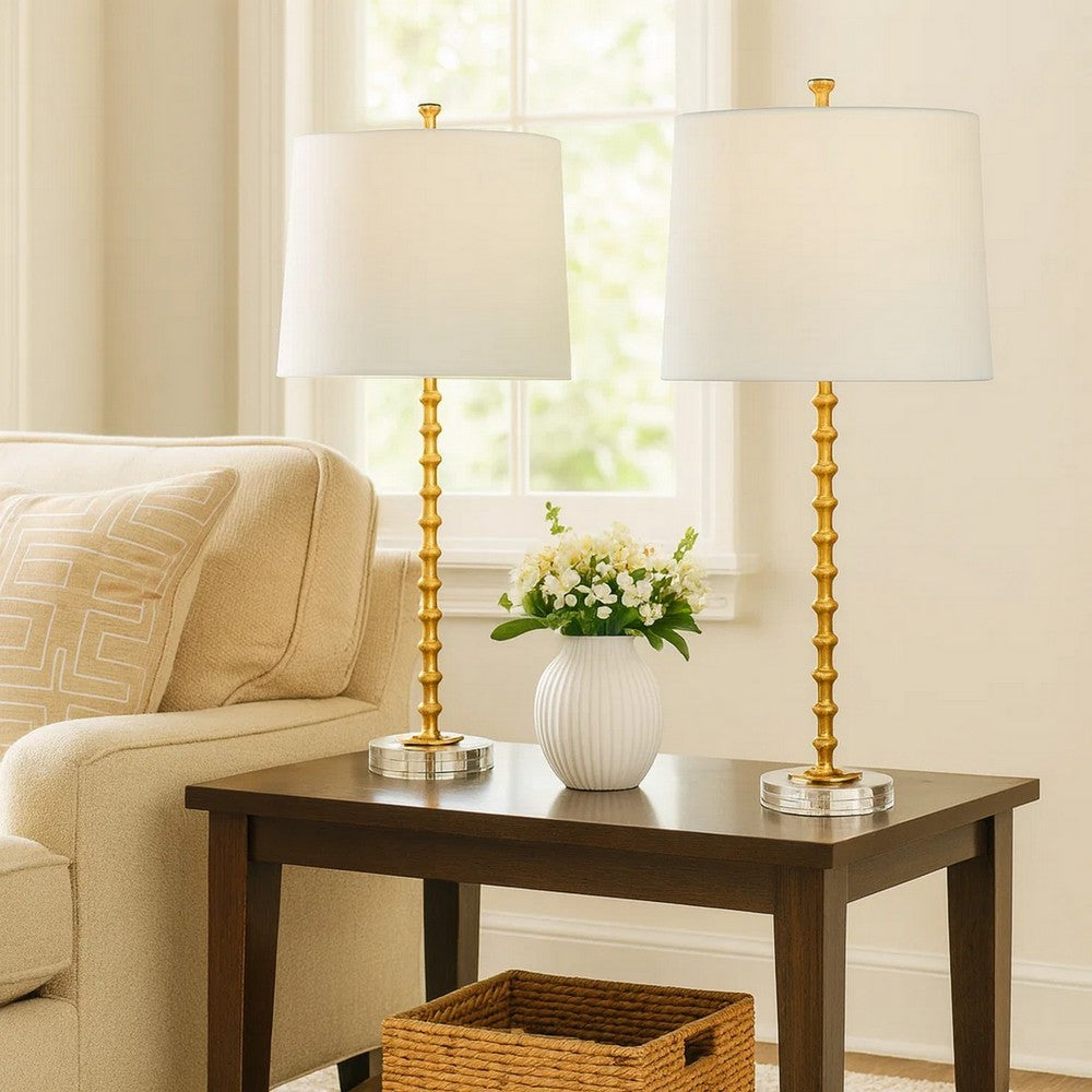Benjara 29 Inch Table Lamp, Set of 2, White Tapered Shade, Gold Leaf, Round Base