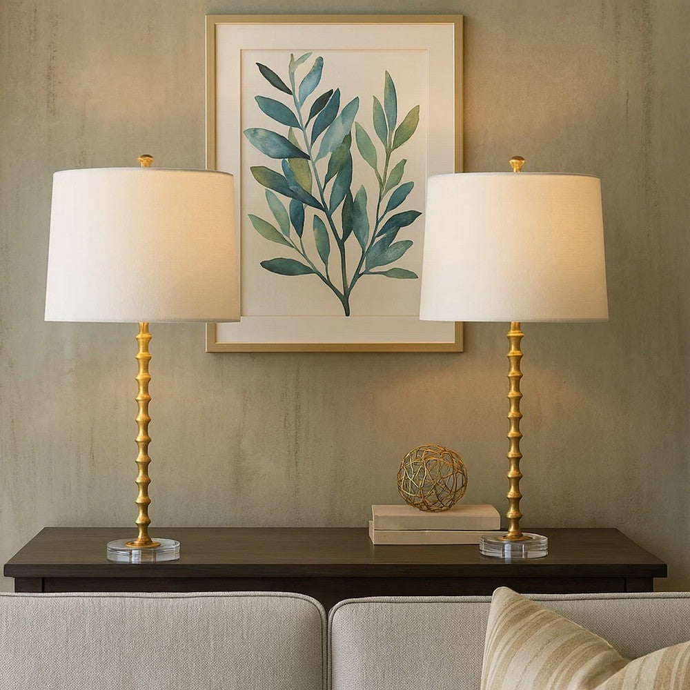 Benjara 29 Inch Table Lamp, Set of 2, White Tapered Shade, Gold Leaf, Round Base