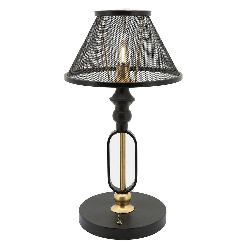 Benjara 19 Inch Table Lamp, Round Metal Mesh Shade, Hollow Body, Black, Gold Stand