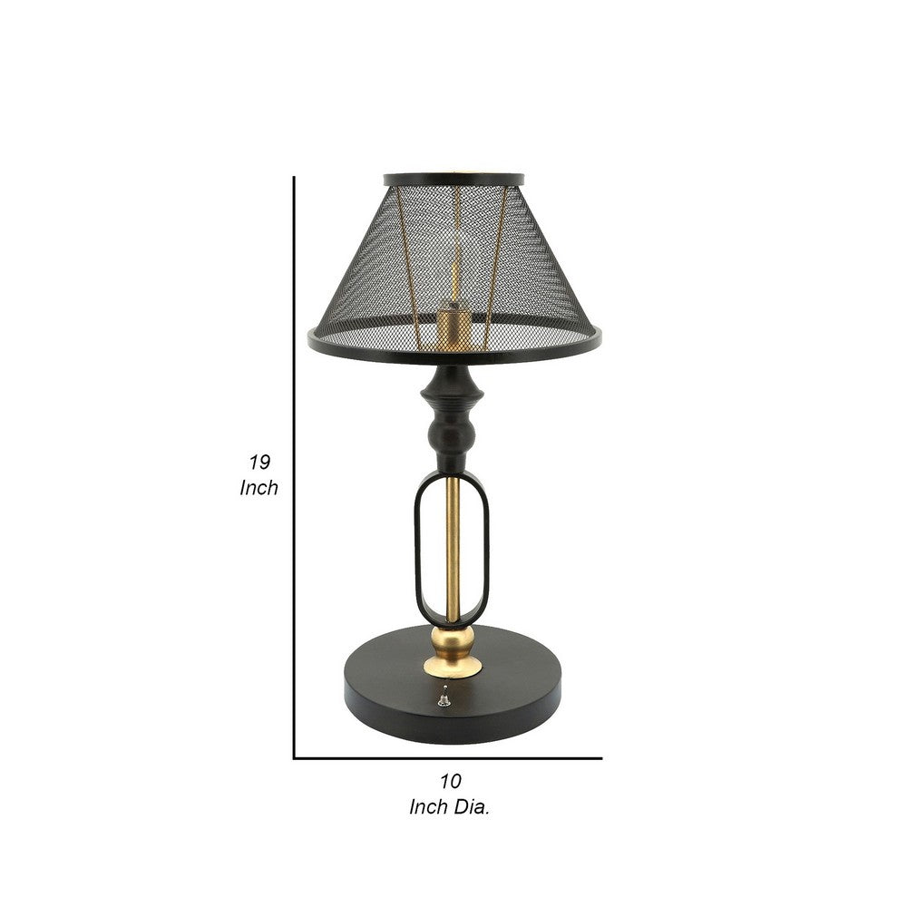 Benjara 19 Inch Table Lamp, Round Metal Mesh Shade, Hollow Body, Black, Gold Stand
