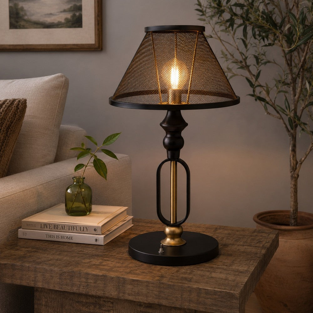 Benjara 19 Inch Table Lamp, Round Metal Mesh Shade, Hollow Body, Black, Gold Stand