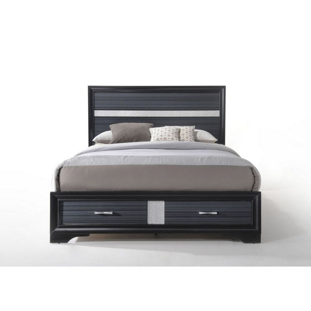 Benjara Nae Queen Size Bed, Rubberwood, Gray, Textured, Shimmery Acrylic Trim