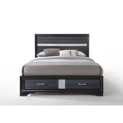 Benjara Nae Queen Size Bed, Rubberwood, Gray, Textured, Shimmery Acrylic Trim