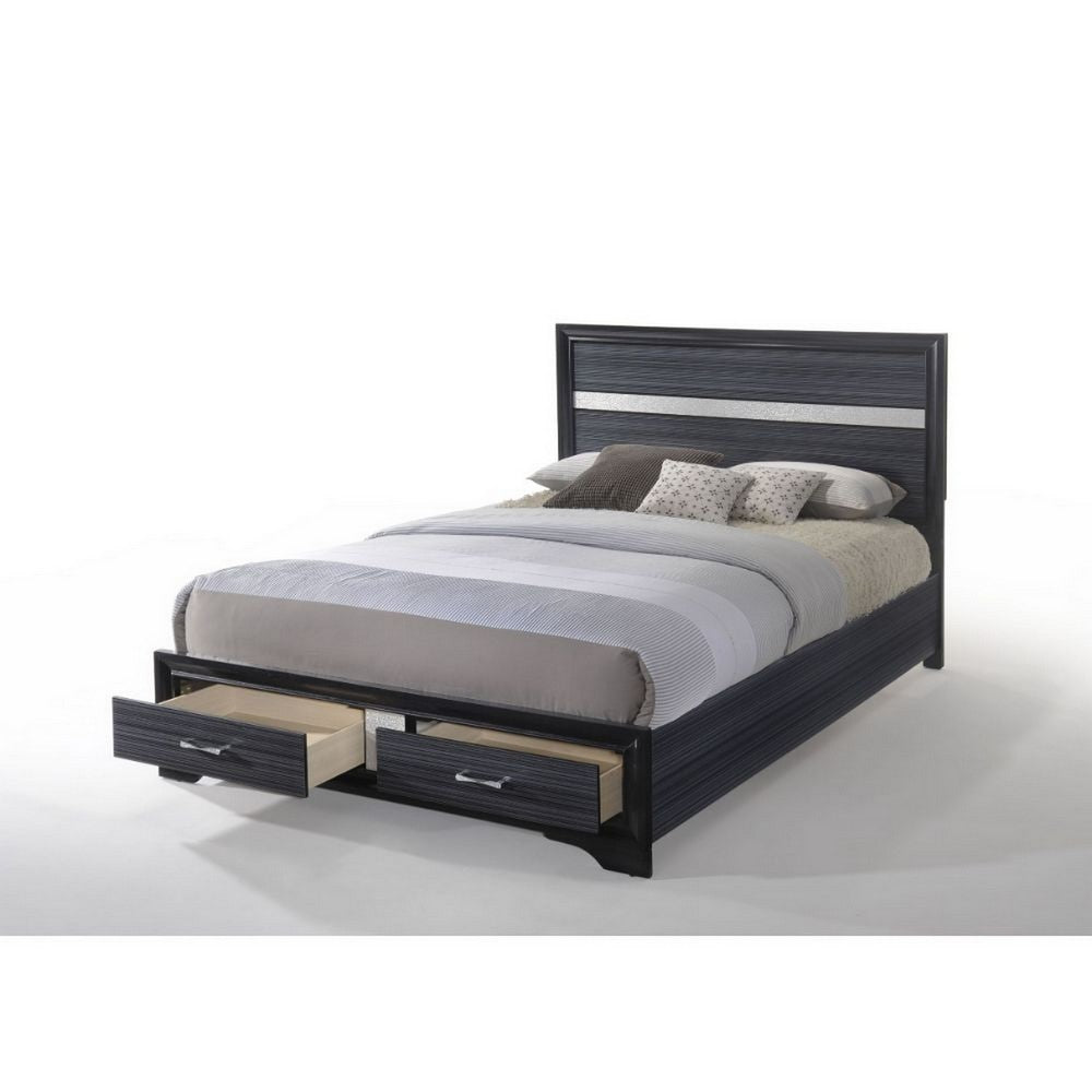 Benjara Nae Queen Size Bed, Rubberwood, Gray, Textured, Shimmery Acrylic Trim