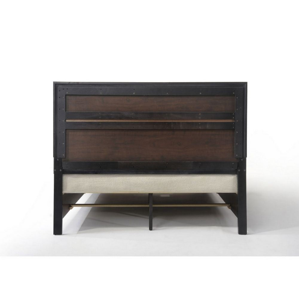 Benjara Nae Queen Size Bed, Rubberwood, Gray, Textured, Shimmery Acrylic Trim