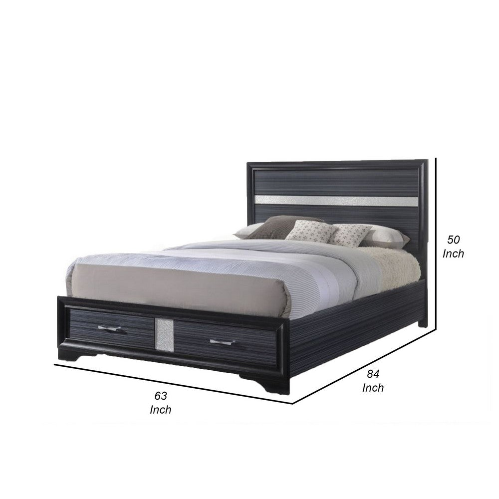 Benjara Nae Queen Size Bed, Rubberwood, Gray, Textured, Shimmery Acrylic Trim