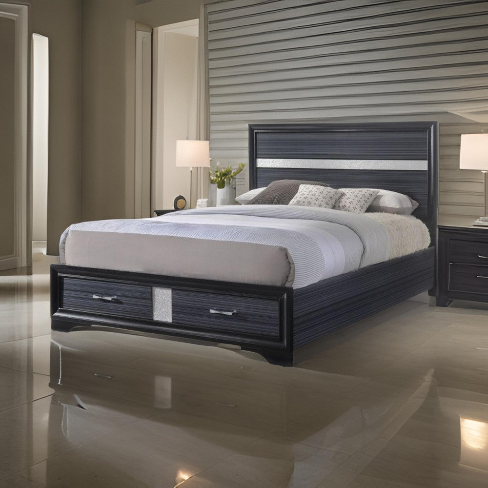 Benjara Nae Queen Size Bed, Rubberwood, Gray, Textured, Shimmery Acrylic Trim