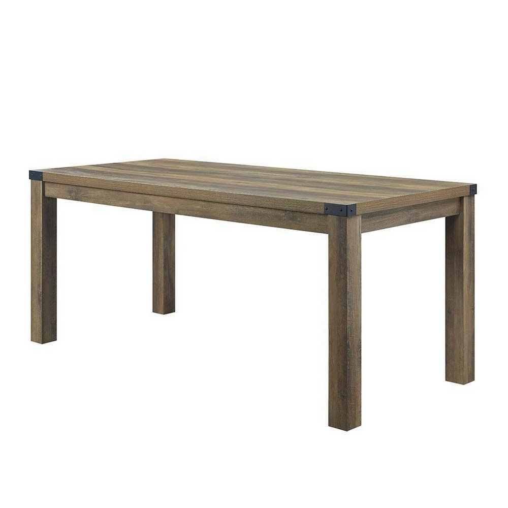 Benjara Eli 71 Inch Dining Table, Distressed Rustic Gray, Industrial Metal Rivets