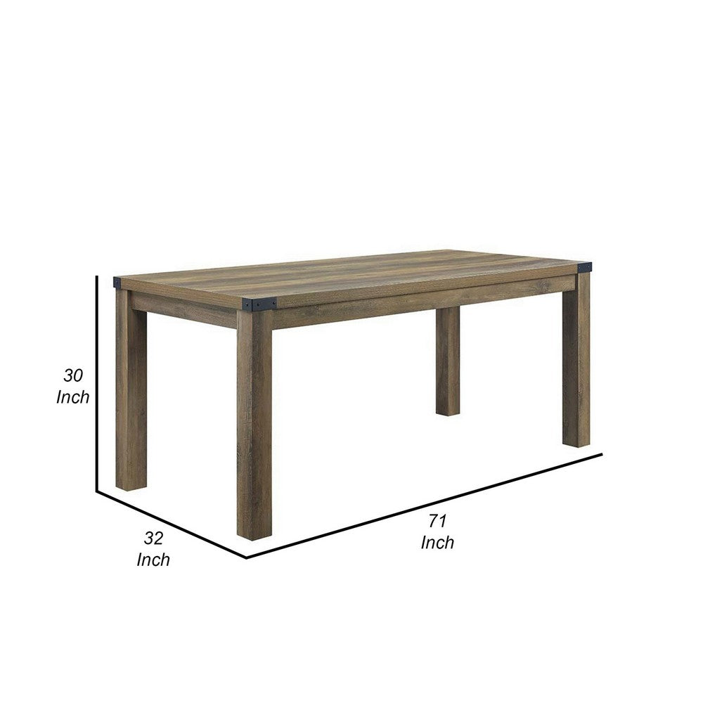 Benjara Eli 71 Inch Dining Table, Distressed Rustic Gray, Industrial Metal Rivets