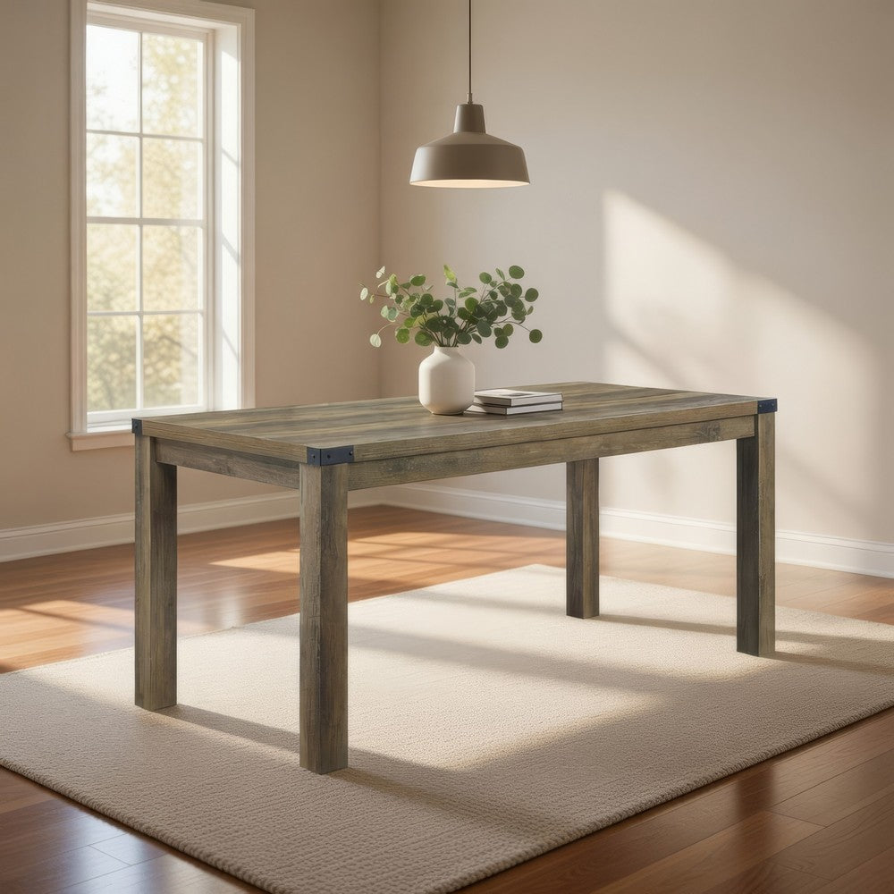 Benjara Eli 71 Inch Dining Table, Distressed Rustic Gray, Industrial Metal Rivets