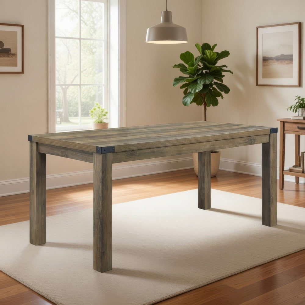 Benjara Eli 71 Inch Dining Table, Distressed Rustic Gray, Industrial Metal Rivets