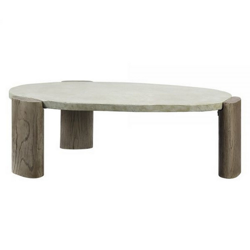 Benjara 47 Inch Coffee Table, Oval Shape Cement Top, Smooth Gray And Oak Brown