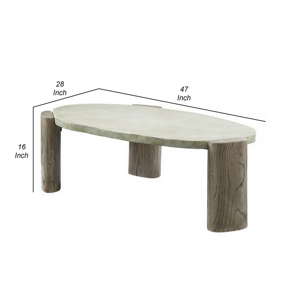 Benjara 47 Inch Coffee Table, Oval Shape Cement Top, Smooth Gray And Oak Brown