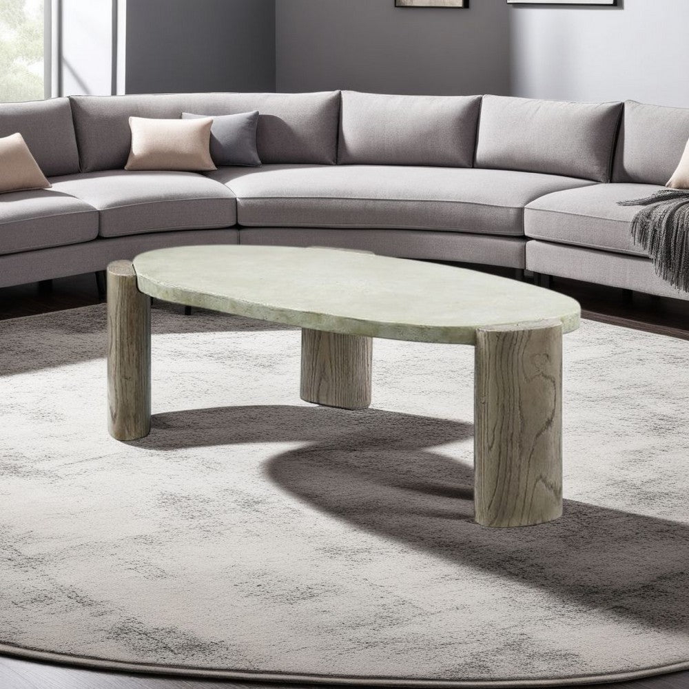 Benjara 47 Inch Coffee Table, Oval Shape Cement Top, Smooth Gray And Oak Brown