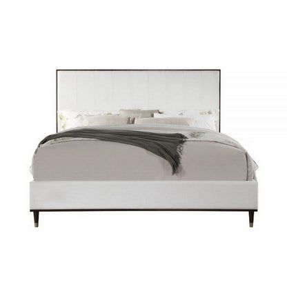 Benjara Aren Queen Bed, Light Gray Fabric Upholstery, Crisp White And Smooth Brown