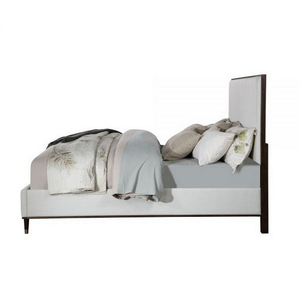 Benjara Aren Queen Bed, Light Gray Fabric Upholstery, Crisp White And Smooth Brown